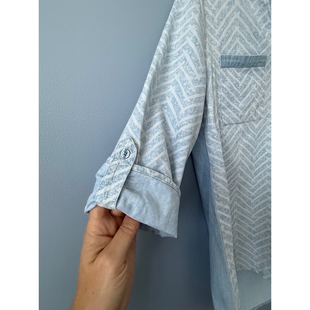 Chico's Blue Patterned Cotton Tunic Hi-Low 3/4 Sleeve Front Pockets Size 1 (M/8) - Picture 9 of 13